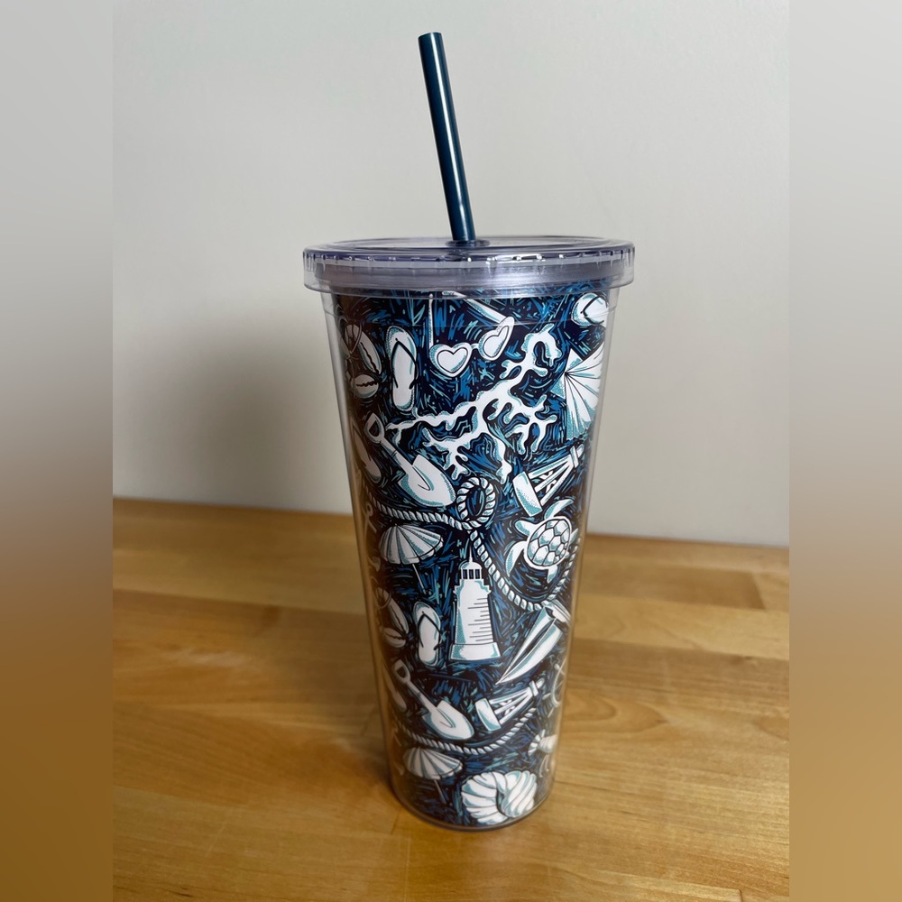 Vera Bradley Navy and White Nautical Tumbler with Straw- 24 oz. - Picture 3 of 10
